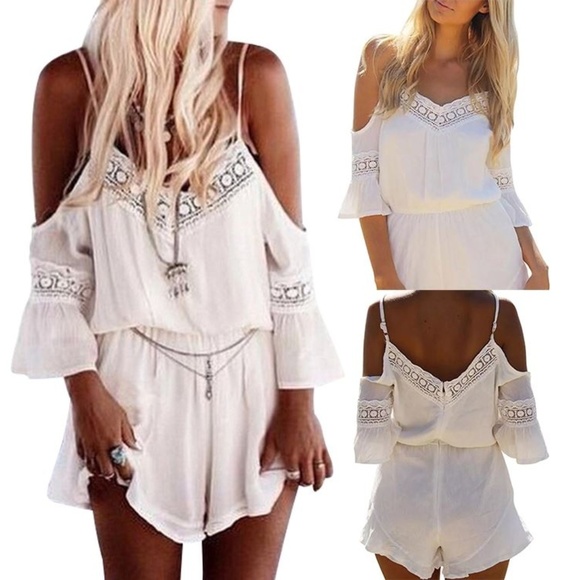 Love Is Real Couture Pants - LAST ONE!! White Crochet Lace Off Shoulder Romper